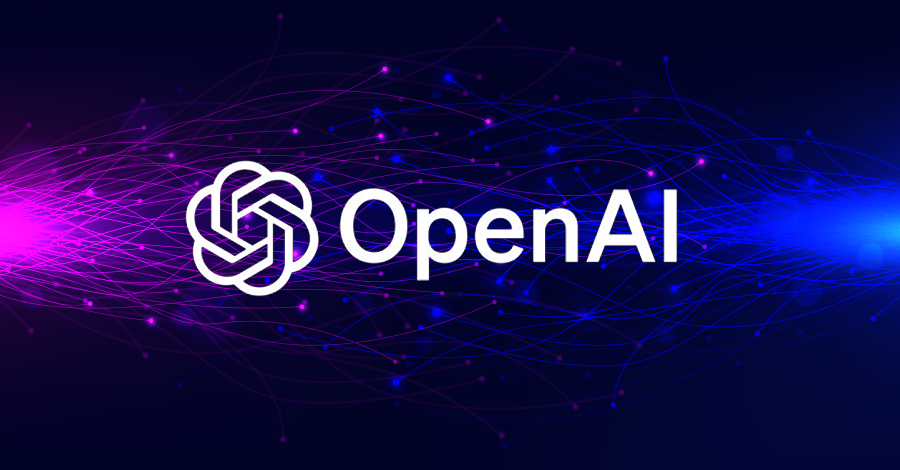 Logo da OpenAI sobre um fundo digital com linhas e luzes em tons de roxo e azul, representando o avanço da criação de conteúdo inteligente.
