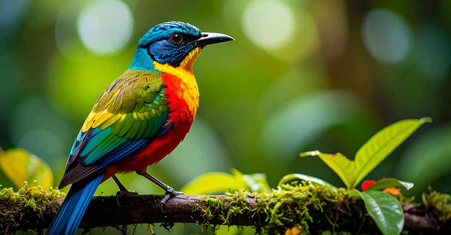 Pássaro tropical colorido pousado em um galho coberto de musgo, com penas vibrantes em tons de azul, verde, amarelo e vermelho, em meio a uma floresta com fundo desfocado de vegetação.