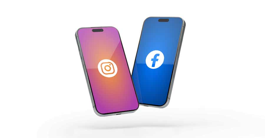 Dois smartphones com telas exibindo os logotipos do Instagram e do Facebook, representando redes sociais.