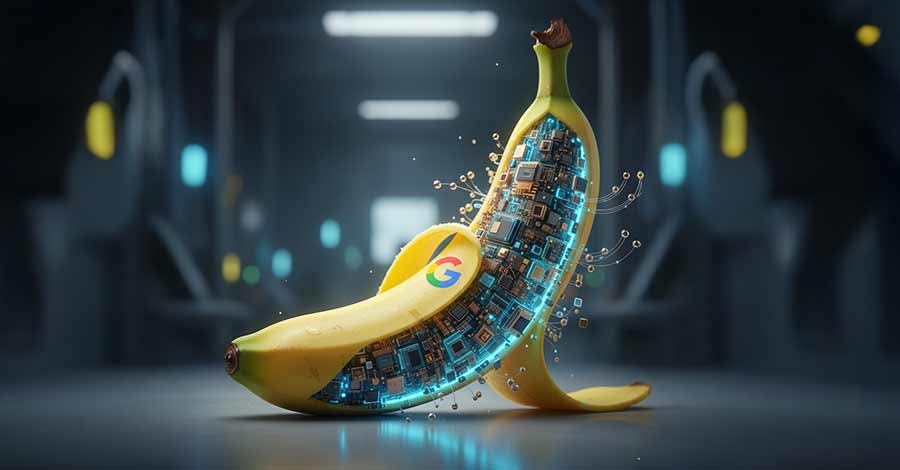 Banana parcialmente descascada em um ambiente futurista, revelando circuitos eletrônicos e componentes tecnológicos no interior, como se fosse um dispositivo cibernético. A casca da banana exibe o logotipo do Google. A cena tem iluminação azulada e elementos tecnológicos ao fundo, criando um visual de ficção científica.