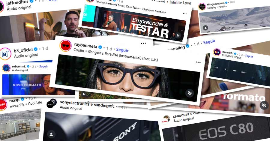Montagem de várias postagens de redes sociais, mostrando perfis, vídeos e imagens em destaque de marcas e criadores de conteúdo.
