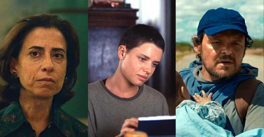 Montagem com três cenas de filmes brasileiros, mostrando diferentes personagens em expressões sérias