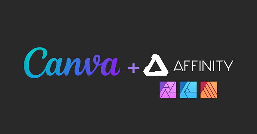 Logotipos do Canva e Affinity lado a lado em fundo escuro, acompanhados dos ícones dos três aplicativos Affinity.