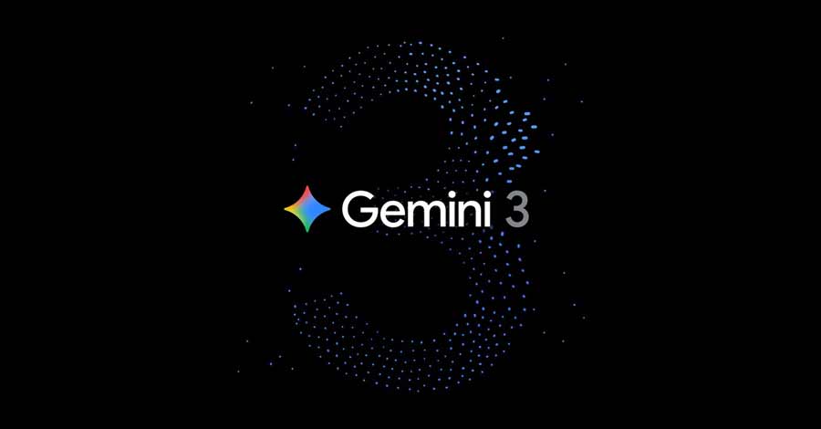 Logo do Google Gemini 3 sobre fundo preto, com o número 3 formado por pontos luminosos em tons de azul.