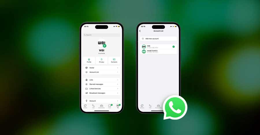 Interface do WhatsApp exibida em dois smartphones, mostrando a tela de configurações e a lista de contas, incluindo a opção de adicionar uma nova conta.