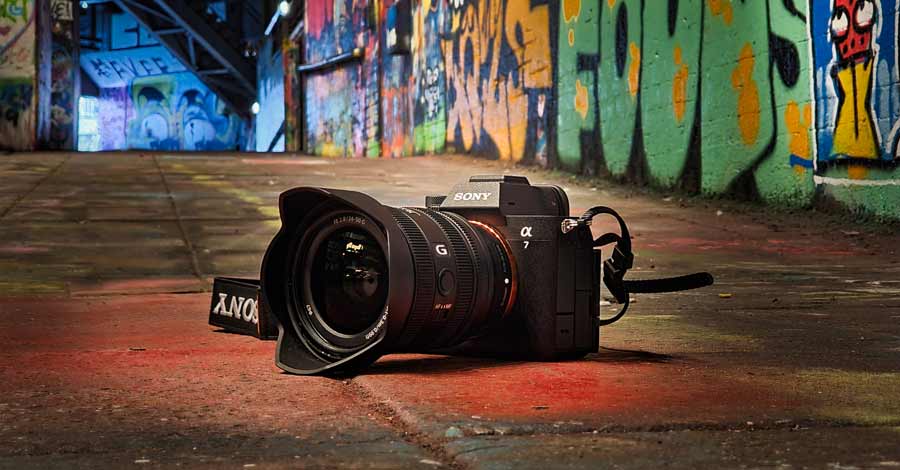 Câmera Sony Alpha posicionada no chão de um beco grafitado, iluminada por luz avermelhada, com arte urbana colorida ao fundo.