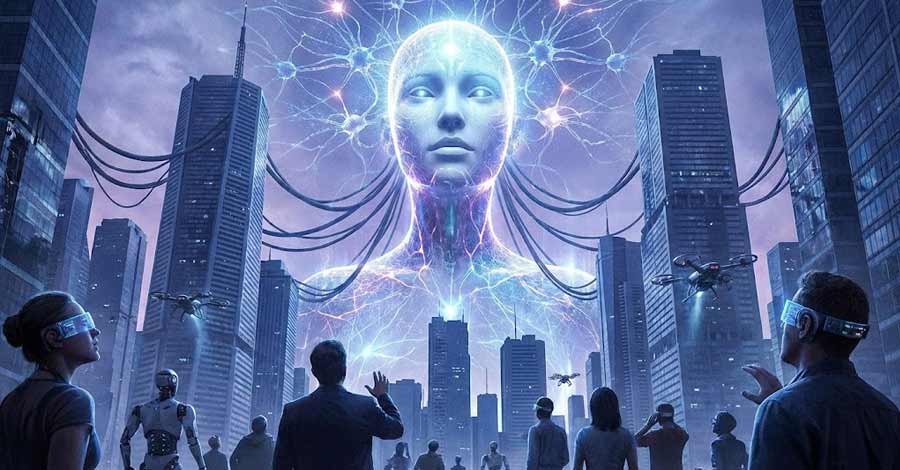 Representação futurista de inteligência artificial em forma humana conectada à cidade, com pessoas observando e interagindo com tecnologia avançada