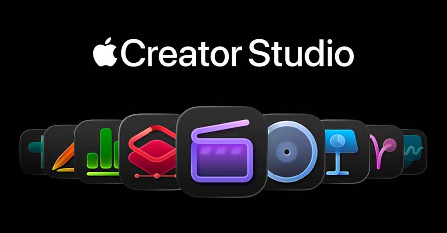 Logotipo do Apple Creator Studio sobre fundo preto, com ícones coloridos de aplicativos criativos alinhados horizontalmente.