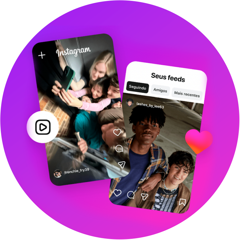 Ilustração de telas do Instagram sobre fundo degradê roxo, mostrando pessoas tirando selfie e feed com fotos de usuários, além de ícones de curtida e navegação.